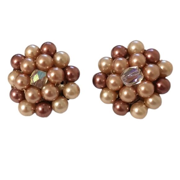 Faux Pearl Cluster Earrings Beaded AB Crystals Clip On Japan MCM Purple Pinks - Picture 12 of 16